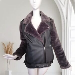 J.O.A. Black Leather Jacket with Plush Purple Accents